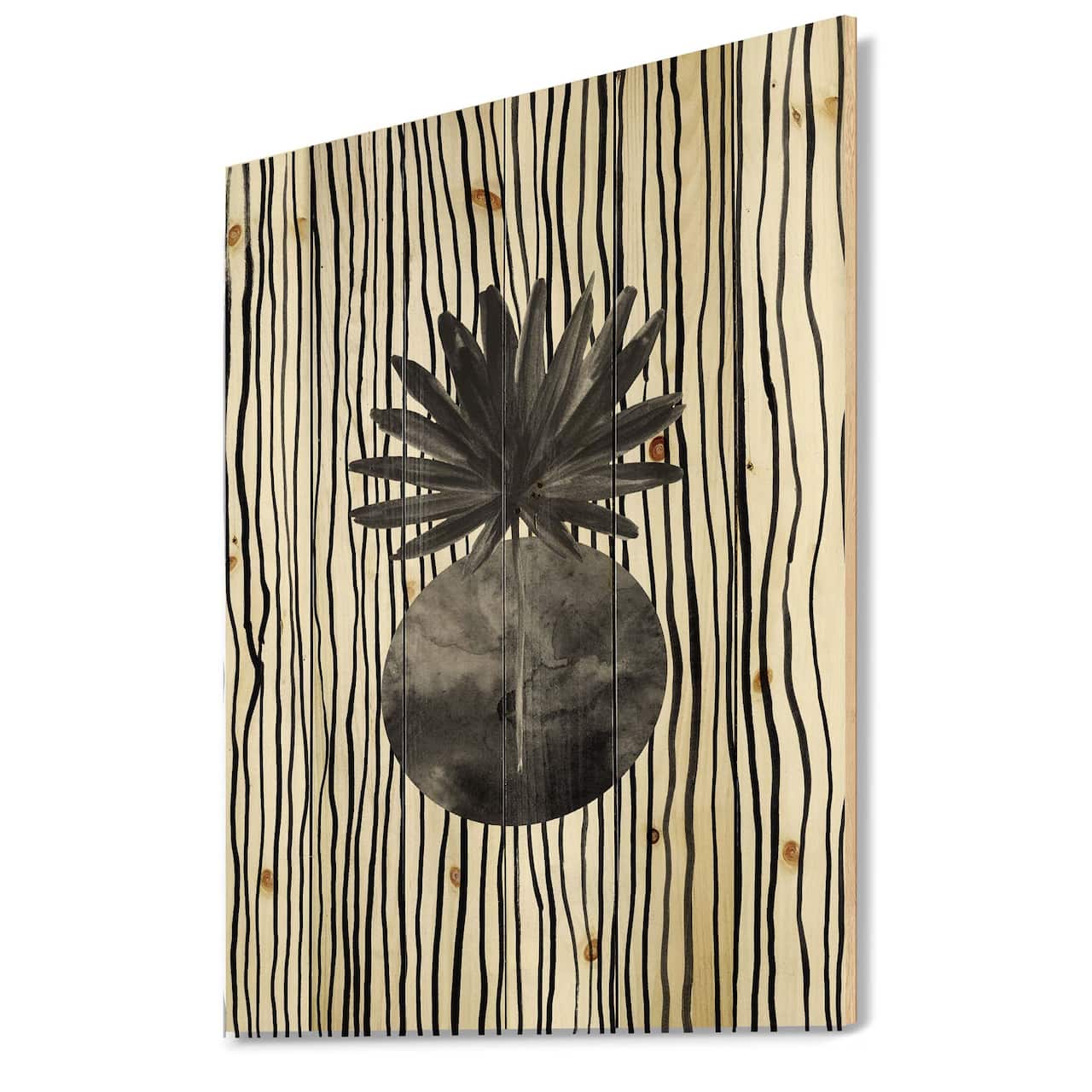 Designart - Black and White Tropical Leaf On Striped I - Modern Print on Natural Pine Wood